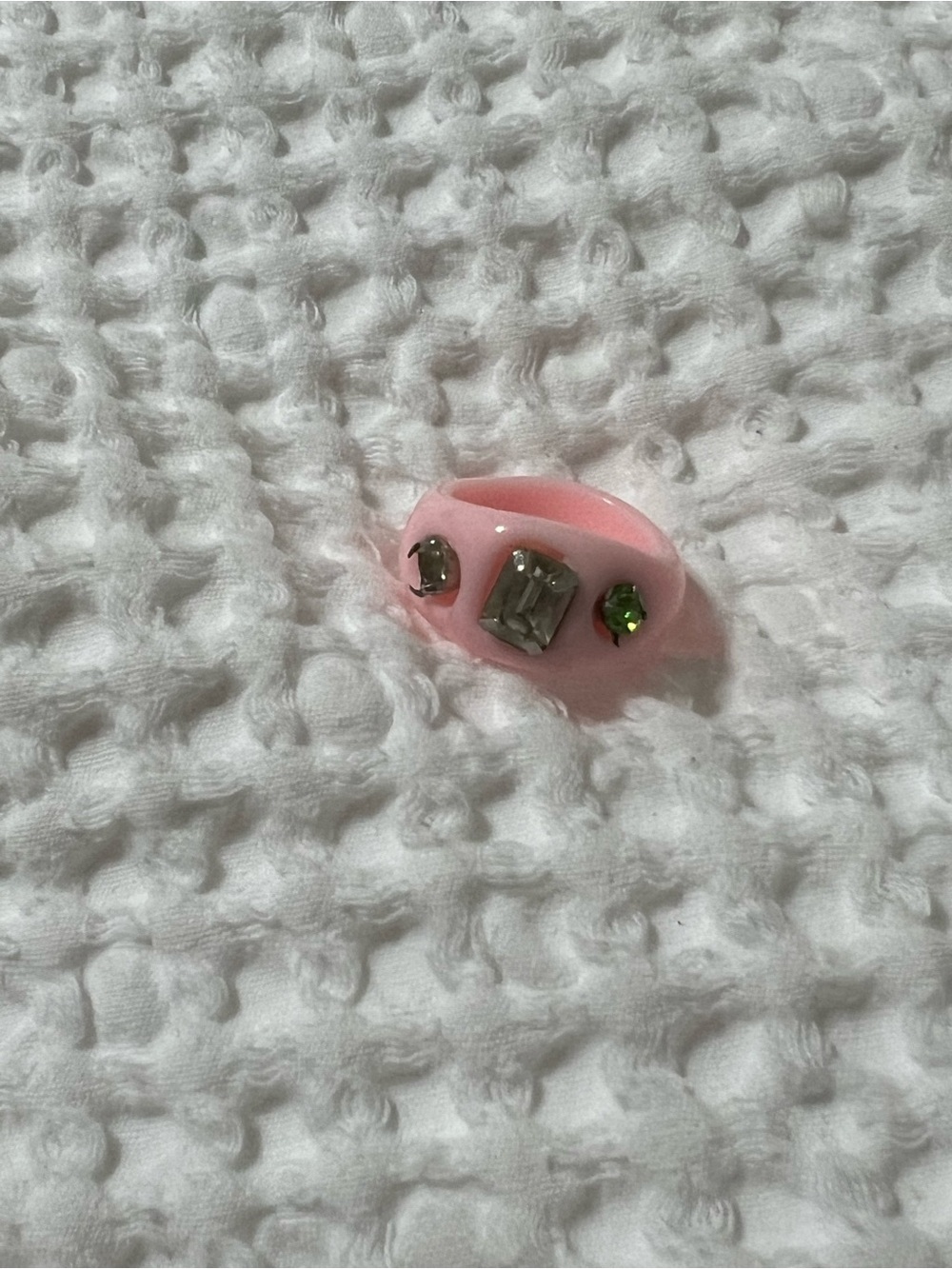Pink Resin Ring with Clear and Green Gem Accents
